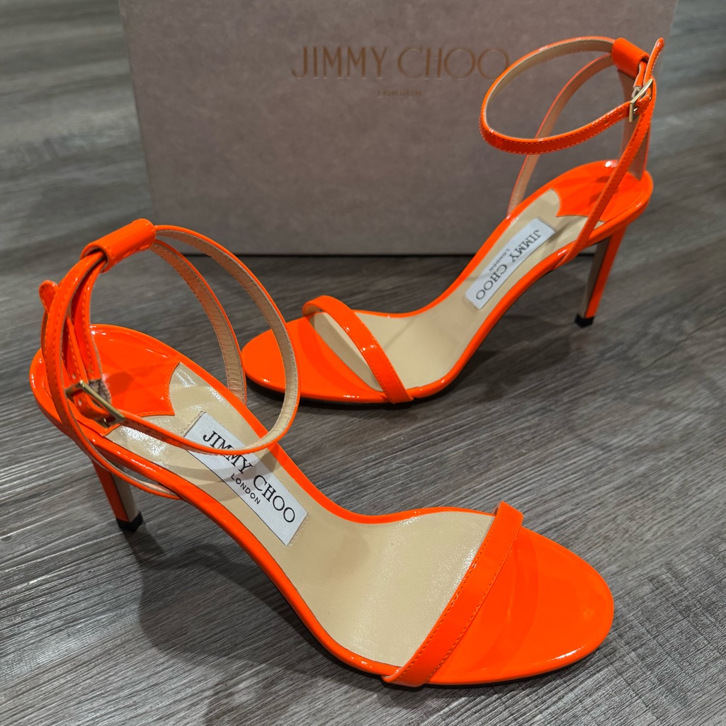 Jimmy Choo Minny 85 Neon Orange Patent Leather Heels Strappy Sandals